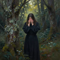 priestess of everyday embarrasment in the lichen woods. gouache painting by indie concept artist, chiaroscuro, bokeh, backlighting, field of depth