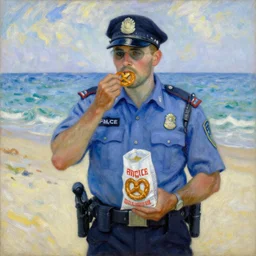 an awe inspiring oil painting of a police officer eating a bag of pretzels at the beach, style of monet, style of van gogh