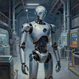 anime key visual of glados robot from aperture science testing facility, cinematic view of endless facility, cool lighting, in the style of jamie wyeth james gilleard edward hopper greg rutkowski acrylic painting, oil on canvas, preserved museum piece, historical