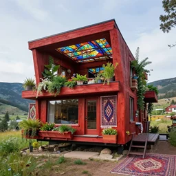 exterior of a psychedelic modern ecopunk frank lloyd wright tiny house mansion made entirely of redwood in the mountain valley of colorado, lots of plants and stained glass ceilings and persian rugs
