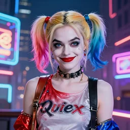 harley quinn standing, smiling softly, close up shot, cyberpunk setting, beautiful cityscape background, neon signs, vibrant colors, holograms, 4k, digital art