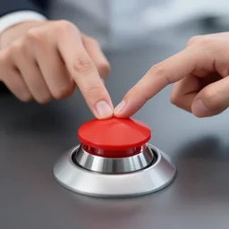 professional photograph of someone pressing a cartoony red button, hd