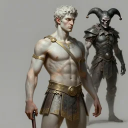 a digital painting of a ancient greek satyr pugilist, young handsome pale roma, grim dark jester from dark souls, a character portrait by senior character artist, polycount, vanitas, sketchfab, speedpainting, zbrush