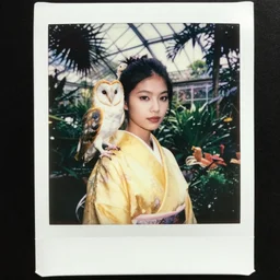 grainy head to shoulder portrait Polaroid film photograph of an elegant top model wearing a yellow kimono with a very detailed barn owl on her shoulder!!! in a tropical greenhouse. looking at the camera!!. super resolution. Extremely detailed. Polaroid 600 film. art by James Gurney.