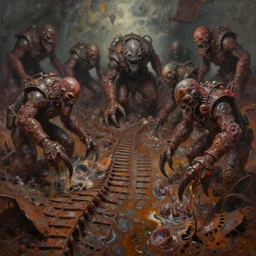 oil painting nightmare macerated future army clawed chaos landscape fecund afraid of footprints treads hooped around destroyed rust landscape in primoridal slimes dropping into in mollusk skins, cinematic, fine art, ornate masterpiece, by richard m powers