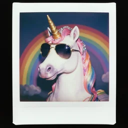 rainbow. super awesome head to shoulder portrait colored polaroid film photograph of a vaporwave unicorn wearing aviator shades. wearing bling from the hood. super classy. stylish. super resolution. extremely detailed. polaroid 6 0 0 film. by annie leibovitz and richard avedon