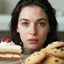 closeup portrait of a woman drowning in cakes and cookies, by Annie Leibovitz and Steve McCurry, natural light, detailed face, CANON Eos C300, ƒ1.8, 35mm, 8K, medium-format print