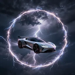 futuristic flying car in surrounded by a circle made of lightning, in the sky, thunderstorm at night, 28mm dramatic photo