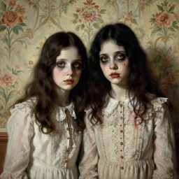 a beautiful and eerie baroque painting of a brother and sister who are beautiful but creepy, in dead space, with haunted eyes and dark hair, 1 9 7 0 s, seventies, floral wallpaper, a little blood, morning light showing injuries, delicate embellishments, painterly, offset printing technique, by brom, robert henri, walter popp