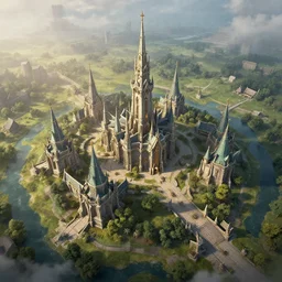 beautiful render of kingdom of larion, unreal engine, fantasy style, drone shot, soft light, by greg rutkowski, cgsociety
