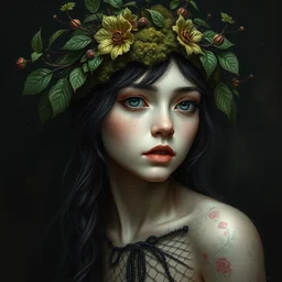 a portrait of beautiful girl by irakli nadar with intricate detailed in a dark background, moss and leaves headdress, melting wax, mycelia, abstract impressionism, ruan jia, dark fantasy, hyper detailed, concept art, by gustav klimt, by sue bryce, moody lighting