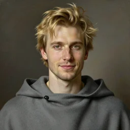 a clean shaven man aged 4 0 with tousled blonde hair and hazel eyes and a friendly expression. he is handsome and wearing a grey cloak. head and shoulders portrait painting by artgerm and greg rutkowski and alphonse mucha.