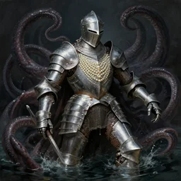 knight in heavy armor deep in dark water, tentacles surrounding him, pearl armor, fantasy, highly detailed, digital painting, trending on artstation, concept art, sharp focus, illustration, art by alphonse mucha and artgerm and nixeu and greg rutkowski and magali villeneuve