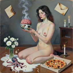 sensual, a portrait in a female artist's apartment, a woman holding a smouldering brain, cracked japanese pottery vase, sensual, smokey burnt envelopes, candles, white flowers, puddle of milk, octopus, squashed berries, pizza box, pancakes, black underwear, neo - expressionism, surrealism, acrylic and spray paint and oilstick on canvas