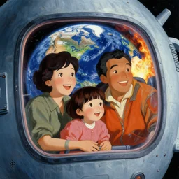a picture of a happy family looking out the window in space, space ship, a detailed matte painting by mort kunstler, pixiv, kitsch movement, burning earth background, movie poster, official art