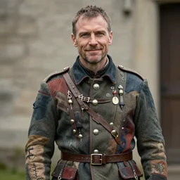 middle aged halforc wearing a patchwork military uniform jacket with cut sleeves and many charms and baubles worked into the fabric, with an upturned collar. full sleeve rune tattoos thin fangs show through his lower jaw with a bemused smile. blue grey intelligent eyes. 1 9 th century style