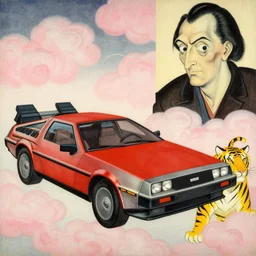 a red delorean and a yellow tiger, painting by hsiao - ron cheng, utagawa kunisada & salvador dali, magazine collage style, pink clouds