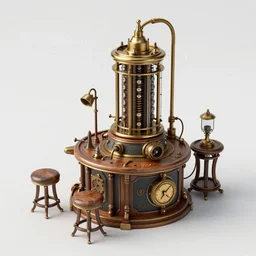 a majestic steampunk alchemists tesla coil, two point perspective, furniture, high details, bold line art, by vincent di fate and joe fenton, inking, etching, screen print, masterpiece, trending on artstation, sharp, high contrast, hyper - detailed,, hd, 4 k, 8 k