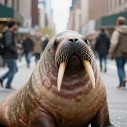 closeup potrait of a walrus chasing people in a new york street, natural light, sharp, detailed face, magazine, press, photo, Steve McCurry, David Lazar, Canon, Nikon, focus