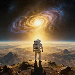 a lonely astronaut overlooking at an amazing alien landscape and the universe, digital art, breathtaking, golden ratio, extremely detailed, establishing shot, hyperrealistic, cinematic lighting, particles, unreal engine, simon stålenhag, rendered by Beeple, Makoto Shinkai, syd meade, simon stålenhag, Ruan Jia, Kentaro Miura, environment concept, artstation, octane render, 4K UHD image