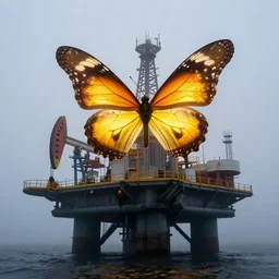a giant glowing butterfly perches on an oil platform in the misty morning, by craig mullins
