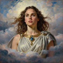 Head and shoulders masterpiece portrait oil painting of the beautiful goddess Gal Gadot as Supergirl, she is wearing roman clothes and a surreal jewelry, her hair is natural disheveled, she is approaching heaven over the clouds, naturalism, dramatic lighting, high-detailed oil painting by Ilya Repin, Michelangelo da Caravaggio, William Blake, Alex Grey and Beksinski, trending on Artsation, hystorical painting, naturalism, masterpiece, full body shot, 4k, 8k,
