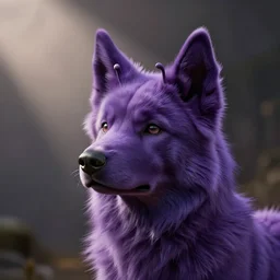 Photograph of a fursuit head of a purple dog with antennas