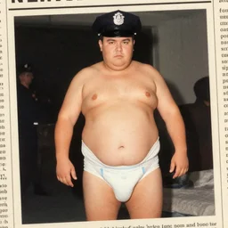 vintage newspaper photo of a fat cop wearing nothing but a big stinky diaper, flash photo