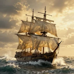 pirate sloop, heavy winds, huge waves, golden hour, dramatic lighting, digital art, by charles kerlee
