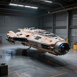 octane render, high quality, unreal engine 5, spaceship in hangar