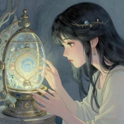 spirit guide from atlantis gazing into a magical apparatus. serigraphy by award - winning mangaka, backlighting, intricate details, muted pastel palette, depth of field. 1 2 3