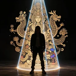 a chicano, an indigenous young man with long hair is standing in a cone of laserlight. dramatic laser lighting, intricate detailed, alchemy, anime, mesoamerican, photograph, haute couture, symbolism, science fiction art, surreal object photography, alebrijes, strong silhouette, fantasy, intricate, elegant, mucha, detailed, trending, art