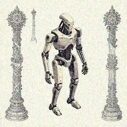 isometric anatomy of the terminator, robot, cyborg, t100, diagrams, mystical, intricate ornamental tower floral flourishes, technology meets fantasy, map, infographic, concept art, art station, style of wes anderson