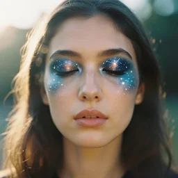 a vintage analog close up frontal face portrait photography of a beautiful woman wearing a constellation makeup by alex prager. long hair. vogue. closed eyes. kodak portra 8 0 0 film. shallow depth of field. ( depth of field ). whirl bokeh!!. golden hour. detailed. hq. realistic. warm light. muted colors. filmic. dreamy. lens flare. mamiya 7 ii, f / 1. 2, symmetrical balance, in - frame