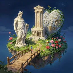 island little wood bridge painting of Atlantis zeus statue and hill valley grec greeble temple of olympus glory tower  ivy plant grow flower multicolor rose, in marble incrusted of legends heartstone official fanart behance hd by Jesper Ejsing, by RHADS, Makoto Shinkai and Lois van baarle, ilya kuvshinov, rossdraws global illumination nigth star