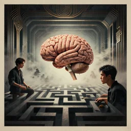 ( ( dither ) ), editorial illustration the human brain vs the machine brain, maze interior, modern art deco, ( ( mads berg ) ), christopher balaskas, victo ngai, rich grainy texture, cinematic, dynamic composition, wide angle, matte print, fog, unreal engine, dramatic lighting, film noir
