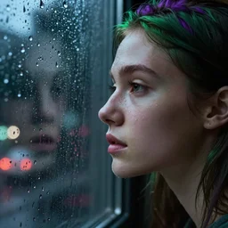 close up of a models face looking out a window on a rainy night photographed by Mark Seliger, green and purple hair, photo realistic, uplight, nighttime, city light reflections