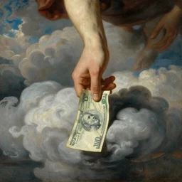 a painting of a hand descending from the clouds demanding payment god knows what, in the style of an epic Thomas Cole painting