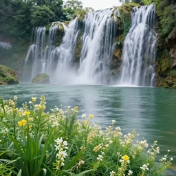 ultra realistic photo, wallpaper, waterfalls, lake, flowers, insanely detailed plants, natural day lighting, pictures of landscapes, nature photo award, red detail, moss, lianas