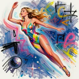 colorful sketch, ultra detailed, fashion, magic, beautiful woman, similar to margot robbie flies into space, surreal, in style of jean - michel basquiat, trending on artstation