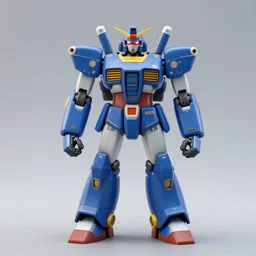 A full body shot of a robot that is primarily blue with some yellow accents. It has two arms, two legs, and a round head. Its eyes are glowing red and it has a jetpack on its back.