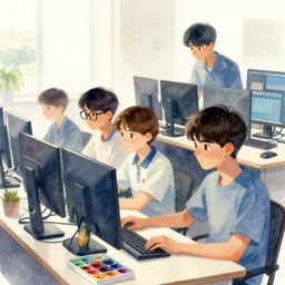 a group of computer science students, watercolor, 4 k, zbrush, digital painting, trending on art station, 4 k