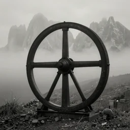 portrait photography of huge wheel cross, dolomites in background, fog, desaturated, fog, dark, eerie, 1 9 2 0 s ghost photography