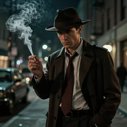 private detective in film noir movie scene, smoke, night, city, greg rutkowski, 8 k, shallow depth of field, intricate detail, concept art,