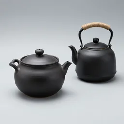 an anthropomorphic ceramic black pot meeting an anthropomorphic black kettle