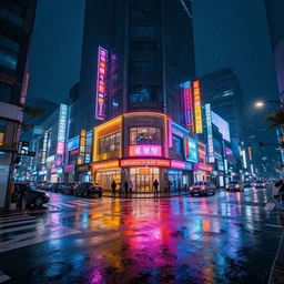 cyberpunk flooded rainy south korea, seoul, cinematic lighting, 4 k hd photo, trending on artstation, storefronts are made out of neons, hyper realistic rendering photography, ultra wide angle, long shot, 8 k