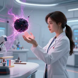 league of legends concept art beautiful young female scientist looking at small black hole in her hands, futuristic laboratory in background, black hole with plasma jets, art by charles liu, profile shot, white hi - tech interior, table with test tubes and scientific equipment, fantasy style, soft lighting, vibrant color scheme, volumetric lighting, octane render, commission art, 8 k resolution