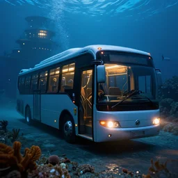 hyper realistic, high detail photo of atlantis bus, underwater, lights on buildings, beautiful, dreary lighting