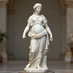 a roman statue made of white marble with gold veins, of an beautiful pregnant woman, flowing roman dressm perfect symmetrical body, perfect symmetrical face, closed eyes, hyper realistic, hyper detailed, fujicolor superia, bokeh background, full body shot, by peter kemp, by monia merlo octane render, blender, 8 k