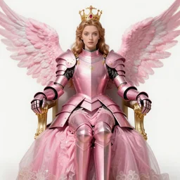 gorgeous!! hyper - realistic princess wearing ornate pink knight armor, angel wings l sitting at the thrown | concept art, illustration | drawn by takashi murakami